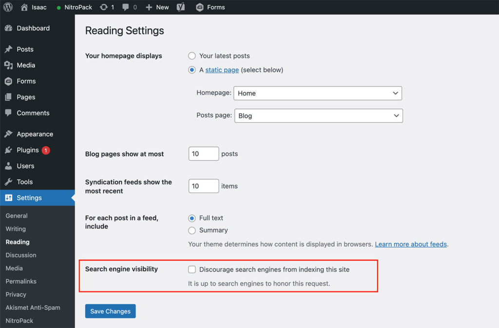WordPress: Search engine visibility