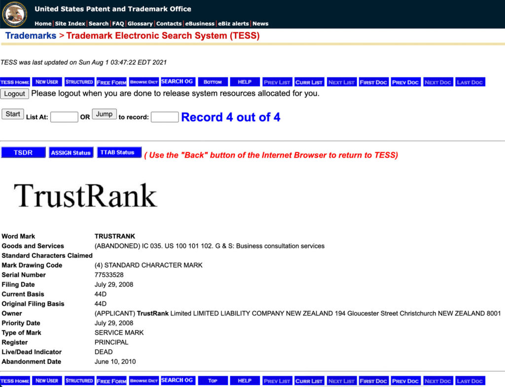 United States Patent and Trademark Office: TrustRank